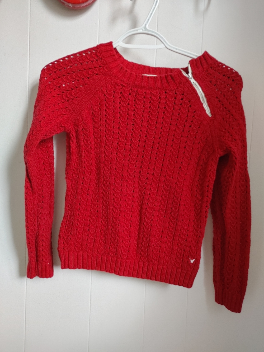 American Eagle Outfitters Red Knit Crewneck Sweater with Shoulder Zip
